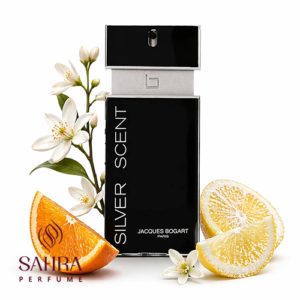 شیشه عطر Silver Scent روی زمینه سفید با المان‌های پرتقال، لیمو، بهار نارنج بدون سایه